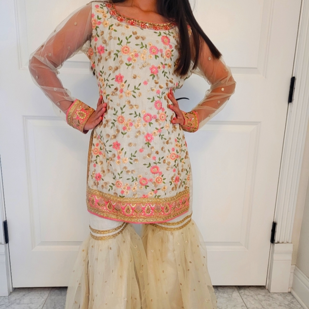 Cream and Pink Salwar Kamiz set with Sheer Sleeves